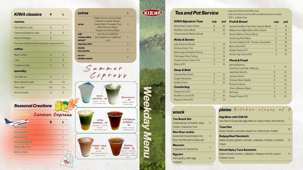 KIWA Teahouse weekday menu showing drinks, tea service, snacks, and part of the plates section.