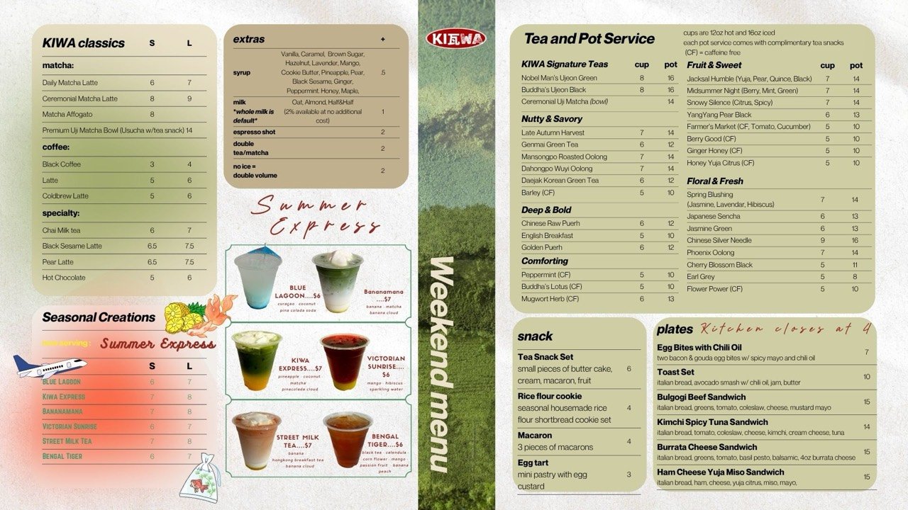 KIWA Teahouse weekday menu showing drinks, tea service, snacks, and the complete plates section.