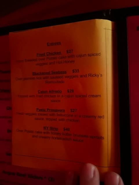 Ricky B's Club Cafe printed menu page listing five entrees.