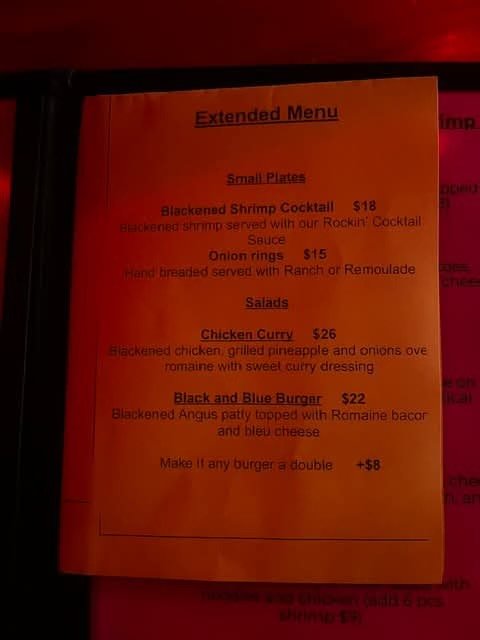 Ricky B's Club Cafe printed extended menu page listing small plates, salads, and a Black and Blue Burger.