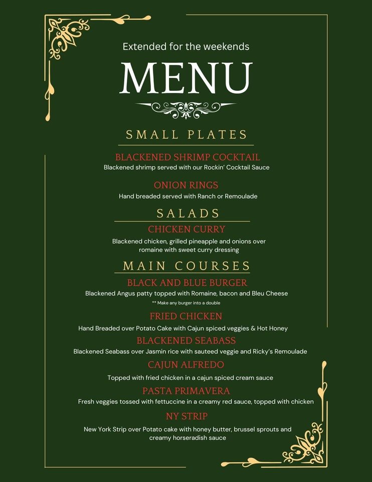 Ricky B's Club Cafe weekend extended-menu graphic listing small plates, salad, and main courses.