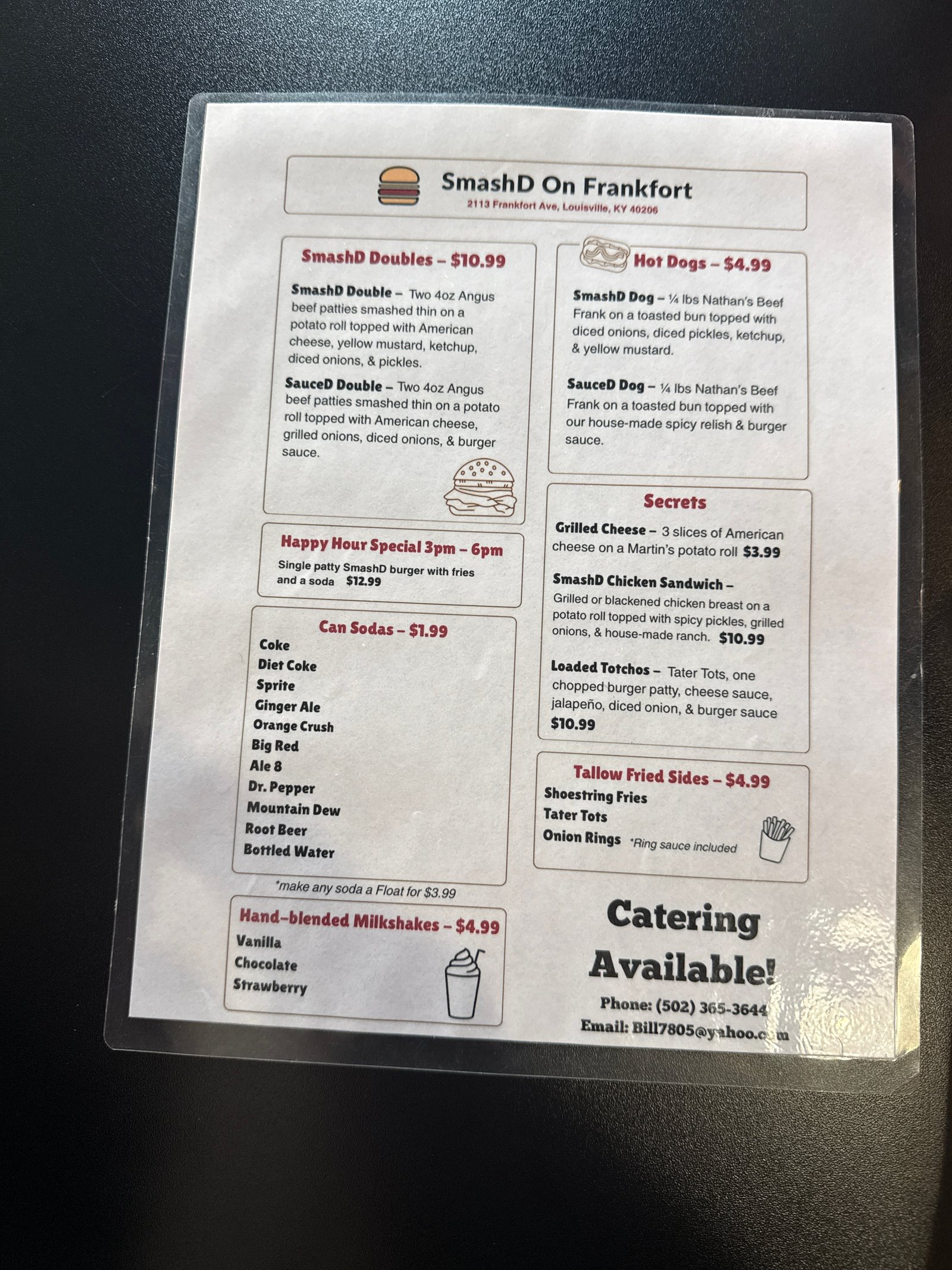 Photograph of the SmashD on Frankfort in-store menu.